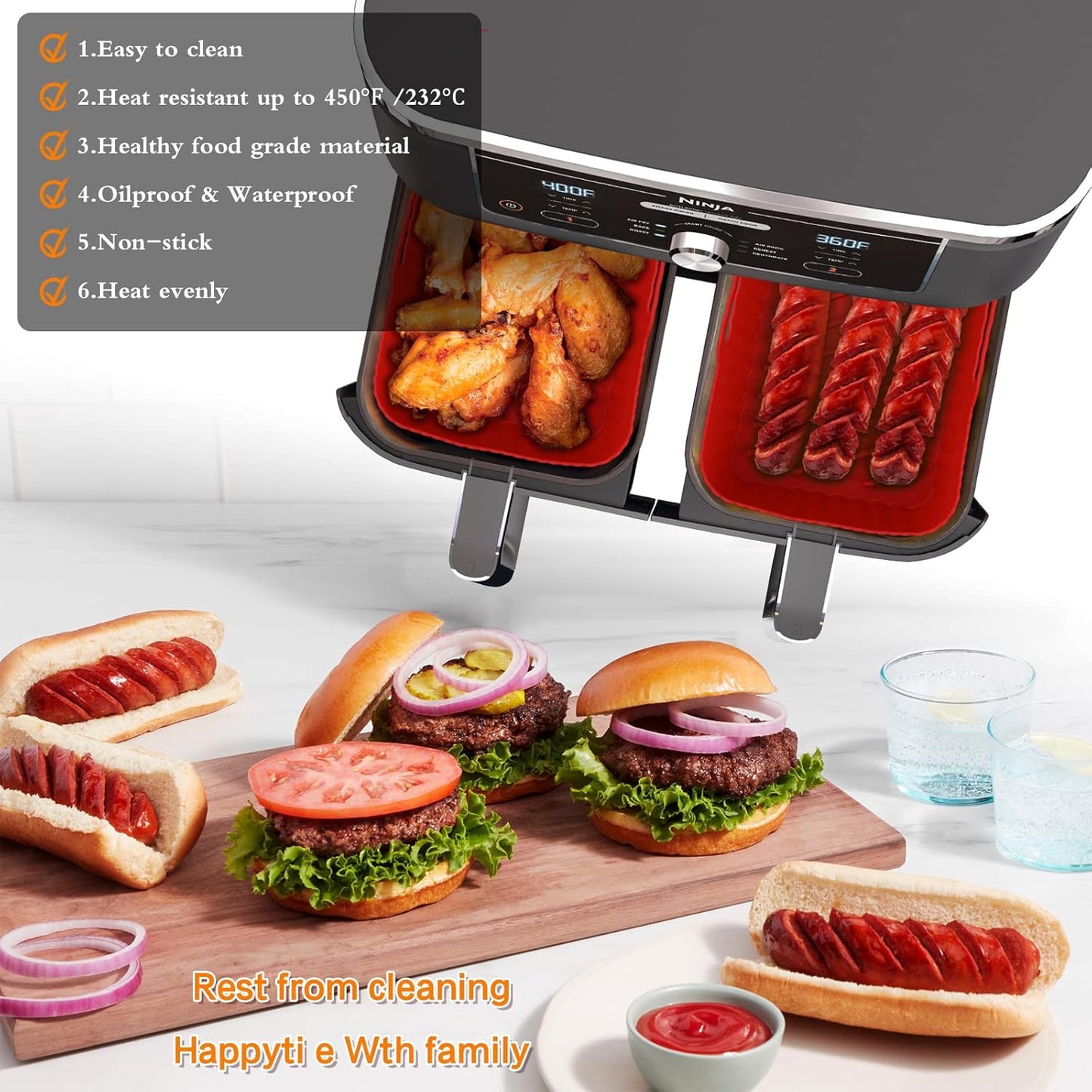 FryGuard™ Reusable Silicone Air Fryer Liners – 2-Pack Non-Stick Rectangular Basket Inserts for Easy Cleanup