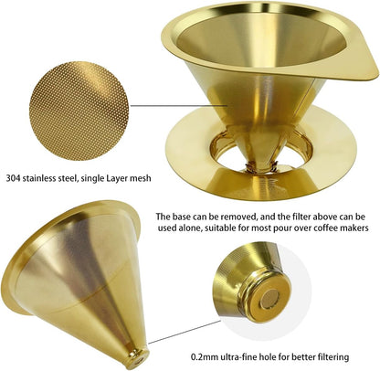 BrewForm™ Stainless Steel Pour Over Coffee Dripper – Reusable Paperless Cone Filter for 1–2 Cups, Gold Finish